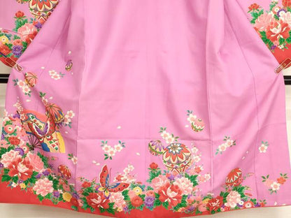 平和屋着物[]七五三　女の子　７歳　祝着　四つ身　扇面花蝶手毬文　金彩　AABH2989ja