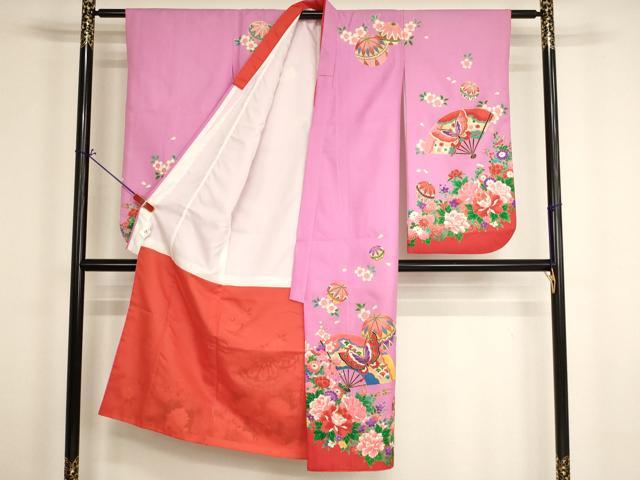 平和屋着物[]七五三　女の子　７歳　祝着　四つ身　扇面花蝶手毬文　金彩　AABH2989ja