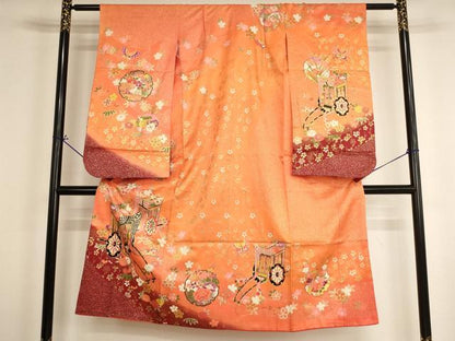 平和屋着物[]七五三　女の子　７歳　祝着　四つ身　御所車花文　暈し染め　金彩　AABH2990ja