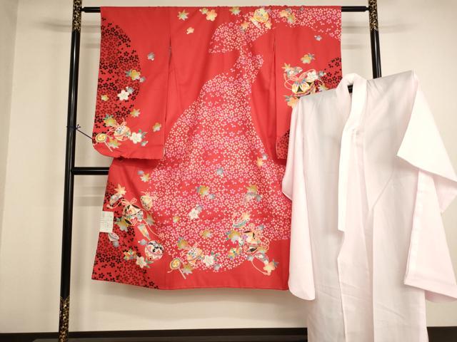 平和屋着物[]七五三 女の子 ７歳 祝着 四つ身 長襦袢（単衣）セット 吉祥花手毬文 未使用 AABH2991ja