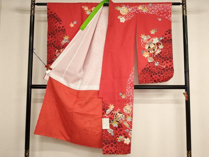 平和屋着物[]七五三　女の子　７歳　祝着　四つ身　長襦袢（単衣）セット　吉祥花手毬文　未使用　AABH2991ja