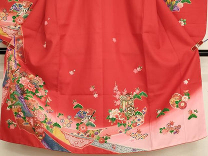 平和屋着物[]七五三　女の子　７歳　祝着　四つ身　扇面花鼓文　暈し染め　金彩　未使用　AABH2992ja
