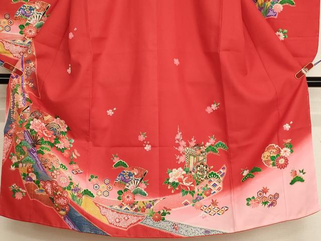 平和屋着物[]七五三　女の子　７歳　祝着　四つ身　扇面花鼓文　暈し染め　金彩　未使用　AABH2992ja