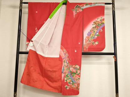 平和屋着物[]七五三　女の子　７歳　祝着　四つ身　扇面花鼓文　暈し染め　金彩　未使用　AABH2992ja