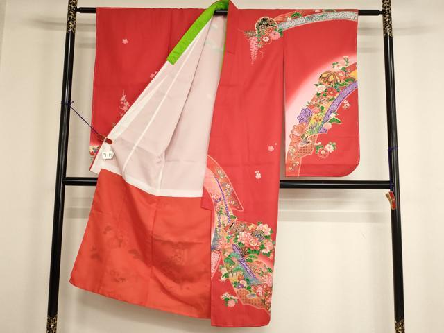平和屋着物[]七五三　女の子　７歳　祝着　四つ身　扇面花鼓文　暈し染め　金彩　未使用　AABH2992ja