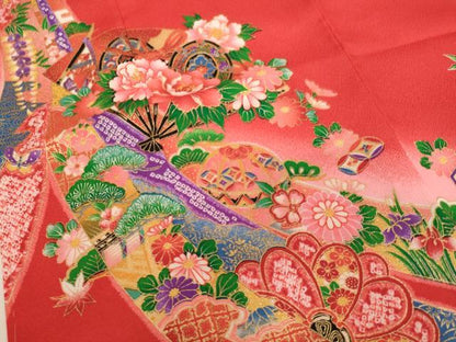 平和屋着物[]七五三　女の子　７歳　祝着　四つ身　扇面花鼓文　暈し染め　金彩　未使用　AABH2992ja
