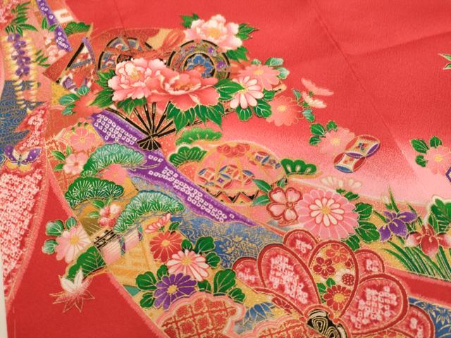平和屋着物[]七五三　女の子　７歳　祝着　四つ身　扇面花鼓文　暈し染め　金彩　未使用　AABH2992ja