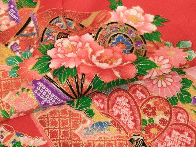 平和屋着物[]七五三　女の子　７歳　祝着　四つ身　扇面花鼓文　暈し染め　金彩　未使用　AABH2992ja