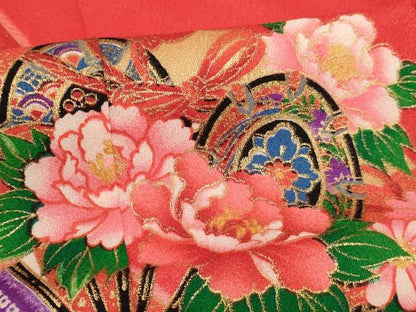 平和屋着物[]七五三　女の子　７歳　祝着　四つ身　扇面花鼓文　暈し染め　金彩　未使用　AABH2992ja