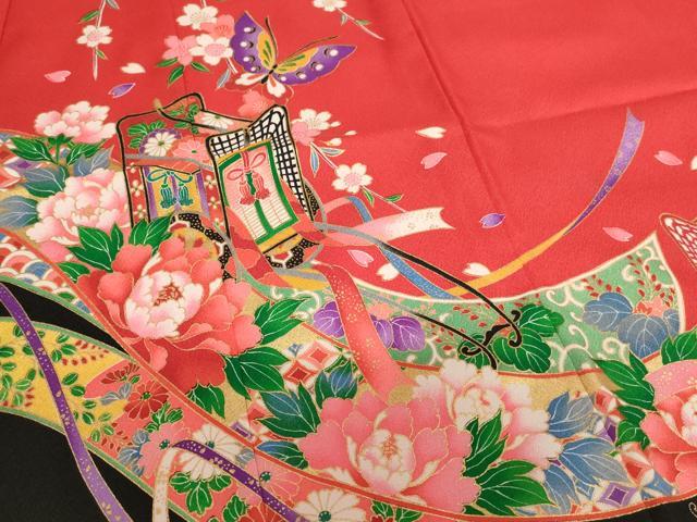 平和屋着物[]七五三　女の子　７歳　祝着　四つ身　御所車花蝶文　金彩　AABH2993ja