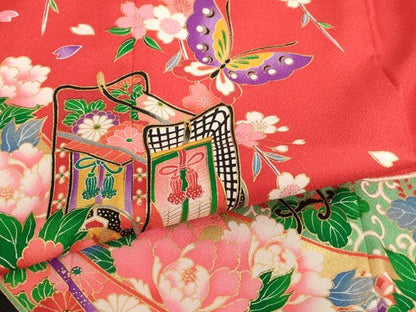 平和屋着物[]七五三　女の子　７歳　祝着　四つ身　御所車花蝶文　金彩　AABH2993ja