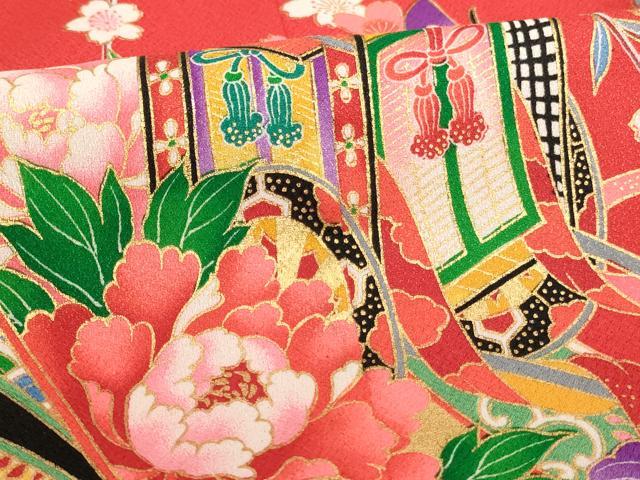 平和屋着物[]七五三　女の子　７歳　祝着　四つ身　御所車花蝶文　金彩　AABH2993ja