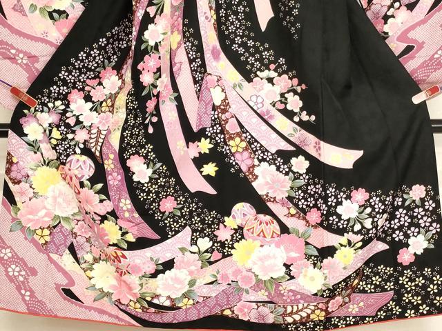 平和屋着物[]七五三　女の子　７歳　祝着　四つ身　束ね熨斗花手毬文　黒地　金彩　AABH2994ja