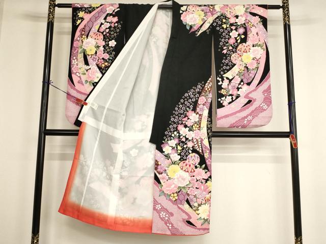 平和屋着物[]七五三　女の子　７歳　祝着　四つ身　束ね熨斗花手毬文　黒地　金彩　AABH2994ja