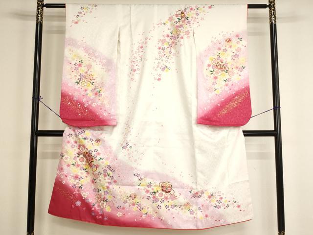平和屋着物[]七五三　女の子　７歳　祝着　四つ身　桜手毬文　暈し染め　金彩　AABH2996ja