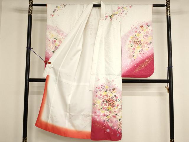 平和屋着物[]七五三　女の子　７歳　祝着　四つ身　桜手毬文　暈し染め　金彩　AABH2996ja