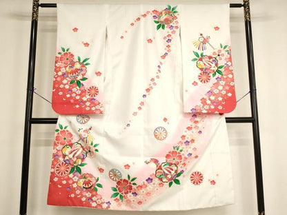 平和屋着物[]七五三　女の子　７歳　祝着　舞桜文　ぽっくり下駄　暈し染め　金彩　AABH2997ja