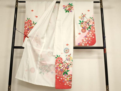 平和屋着物[]七五三　女の子　７歳　祝着　舞桜文　ぽっくり下駄　暈し染め　金彩　AABH2997ja