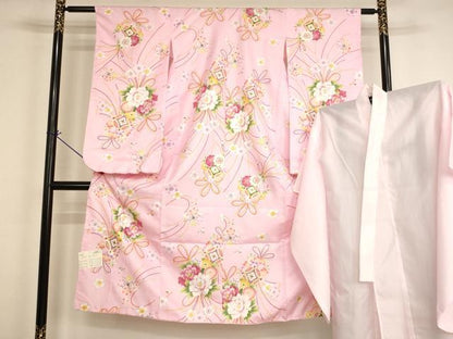 平和屋着物[]七五三　女の子　７歳　祝着　四つ身　長襦袢（単衣）セット　薬玉文　金彩　未使用　AABH2998ja