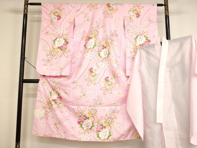 平和屋着物[]七五三　女の子　７歳　祝着　四つ身　長襦袢（単衣）セット　薬玉文　金彩　未使用　AABH2998ja
