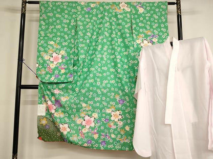 平和屋着物[]七五三 女の子 ７歳 祝着 四つ身 長襦袢（単衣）セット 草花文 折り紙 未使用 AABH2999ja
