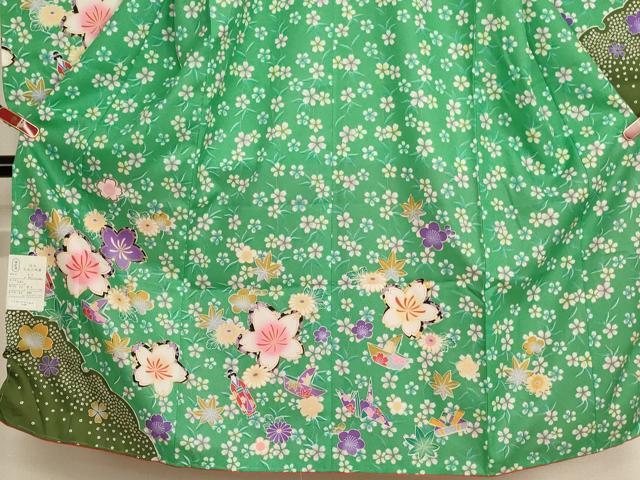 平和屋着物[]七五三　女の子　７歳　祝着　四つ身　長襦袢（単衣）セット　草花文　折り紙　未使用　AABH2999ja
