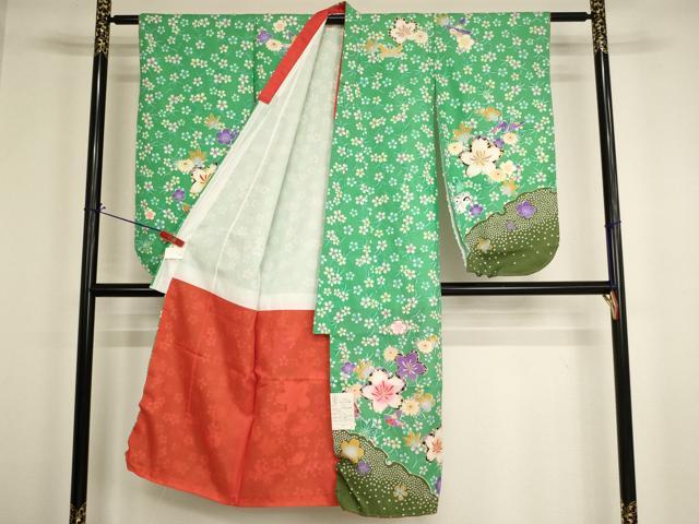 平和屋着物[]七五三　女の子　７歳　祝着　四つ身　長襦袢（単衣）セット　草花文　折り紙　未使用　AABH2999ja