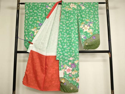 平和屋着物[]七五三 女の子 ７歳 祝着 四つ身 長襦袢（単衣）セット 草花文 折り紙 未使用 AABH2999ja