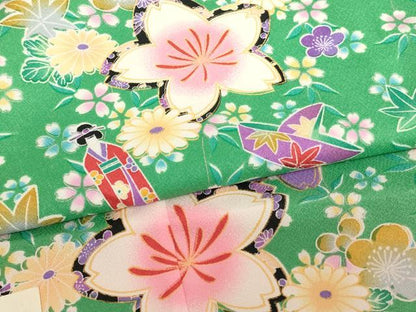 平和屋着物[]七五三　女の子　７歳　祝着　四つ身　長襦袢（単衣）セット　草花文　折り紙　未使用　AABH2999ja
