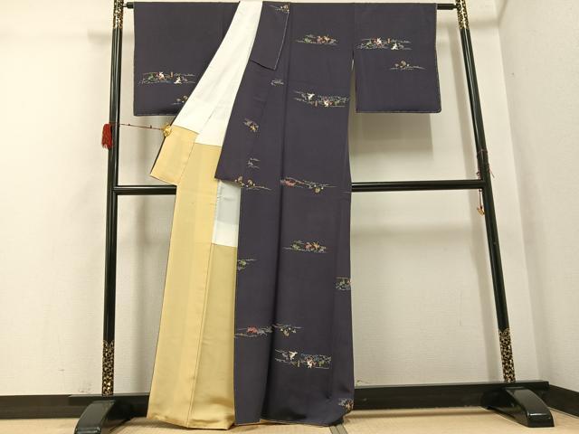 平和屋着物●上質な小紋　慶雲　手描き　鳥獣戯画　浜ちりめん　反端付き　正絹　逸品　AABH3006ph