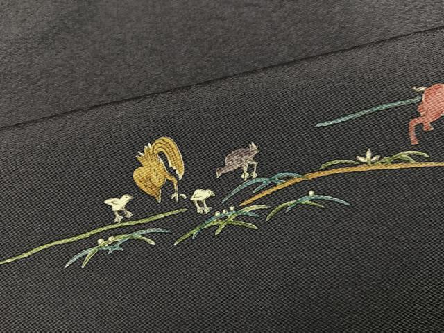 平和屋着物●上質な小紋　慶雲　手描き　鳥獣戯画　浜ちりめん　反端付き　正絹　逸品　AABH3006ph