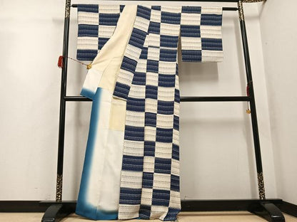 平和屋着物●上質な小紋　変わり市松　正絹　逸品　AABH3009ph