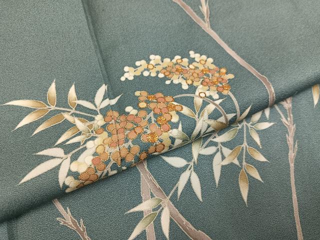 平和屋着物●訪問着　友禅　駒刺繍　枝葉文　正絹　逸品　AABH3014ph