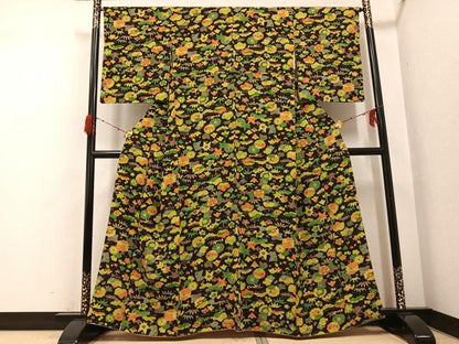 平和屋着物●上質な小紋　松竹梅草花文　鉄黒色　正絹　逸品　AABH3016ph