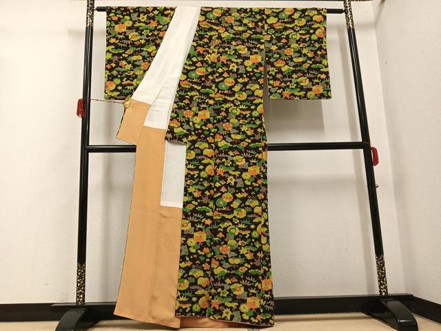 平和屋着物●上質な小紋　松竹梅草花文　鉄黒色　正絹　逸品　AABH3016ph