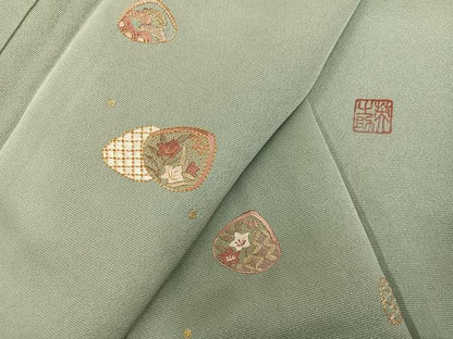 平和屋着物●訪問着　作家物　刺繍　貝合わせ花文　金彩　正絹　逸品　未使用　AABH3017ph