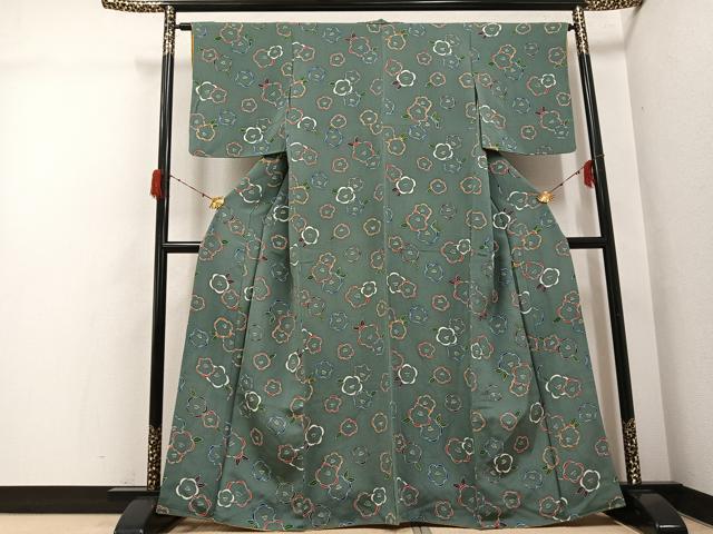 平和屋着物●上質な小紋　型染め　梅　鬼しぼ縮緬　正絹　逸品　AABH3020ph