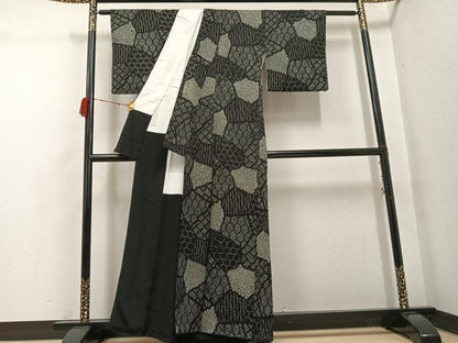平和屋着物●上質な小紋　絞り　吉祥文　黒地　正絹　逸品　AABH3024ph