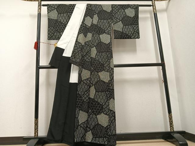 平和屋着物●上質な小紋　絞り　吉祥文　黒地　正絹　逸品　AABH3024ph
