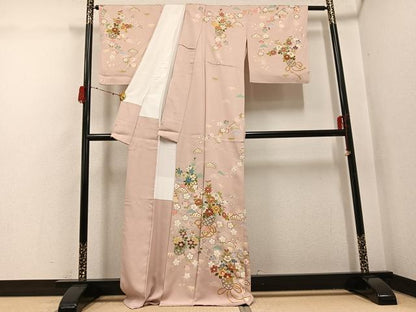 平和屋着物●訪問着　友禅　駒刺繍　草花文　金彩　正絹　逸品　未使用　AABH3029ph
