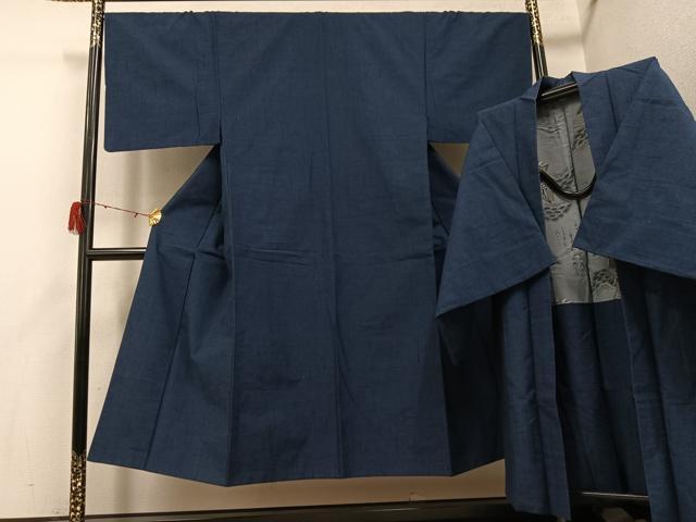 平和屋着物●男性　紬　アンサンブル　色無地　鉄御納戸色　正絹　逸品　AABH3035ph
