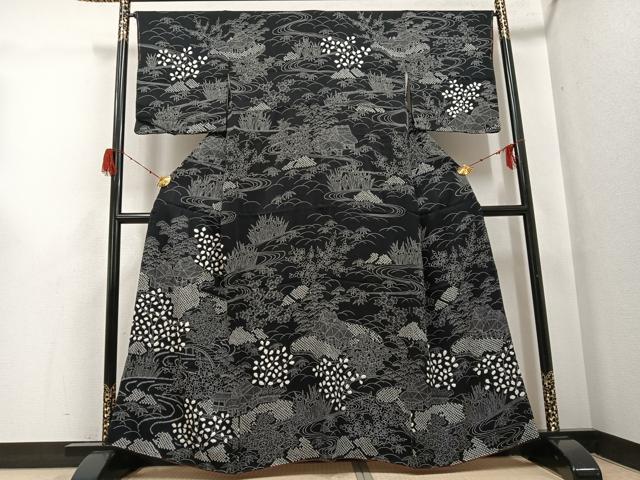 平和屋着物▽訪問着　単衣　笹竹文　黒地　洗える着物　AABD6982jh 平和屋着物▽訪問着 単衣 笹竹文 黒地 洗える着物 AABD6982jh 【公式通販】