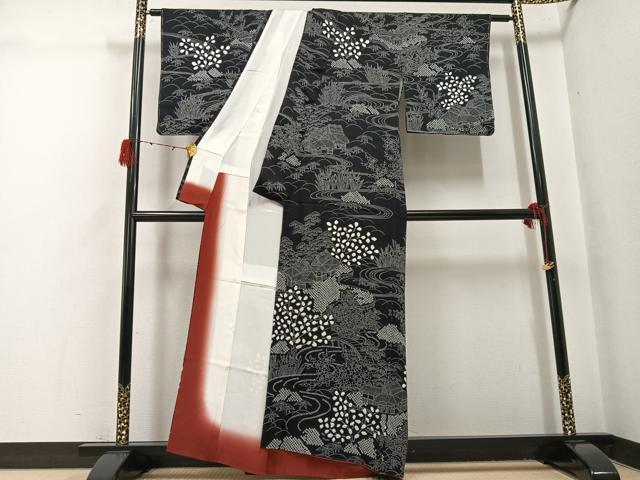 平和屋着物○訪問着 絞り 松竹梅風景文 黒地 正絹 逸品 AABH3037ph