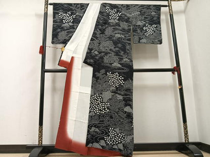 平和屋着物●訪問着　絞り　松竹梅風景文　黒地　正絹　逸品　AABH3037ph