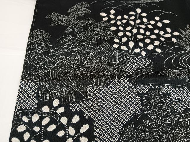 平和屋着物○訪問着 絞り 松竹梅風景文 黒地 正絹 逸品 AABH3037ph