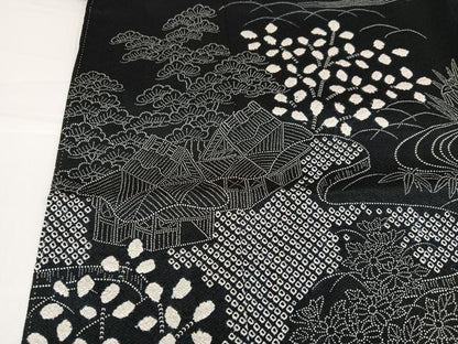 平和屋着物●訪問着　絞り　松竹梅風景文　黒地　正絹　逸品　AABH3037ph
