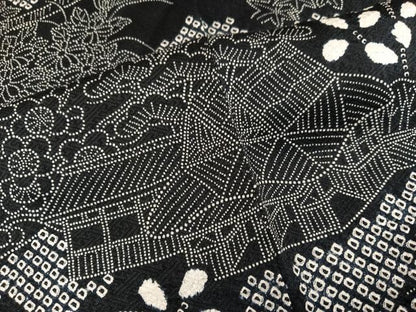 平和屋着物●訪問着　絞り　松竹梅風景文　黒地　正絹　逸品　AABH3037ph