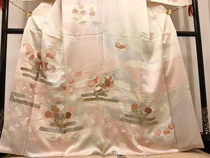 平和屋着物●訪問着　友禅　刺繍　草花文　暈し染め　金銀彩　正絹　逸品　AABH3044ph