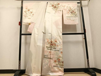 平和屋着物●訪問着　友禅　刺繍　草花文　暈し染め　金銀彩　正絹　逸品　AABH3044ph