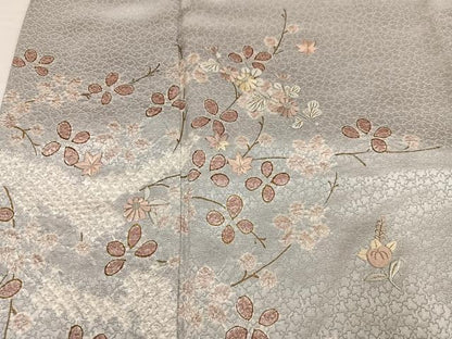 平和屋着物●訪問着　手描き　絞り　刺繍　草花文　金彩　正絹　逸品　AABH3050ph